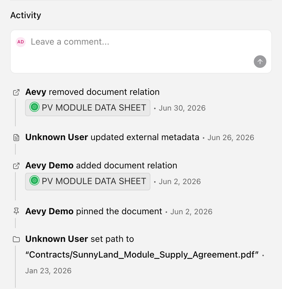 An activity feed with an entry and a comment