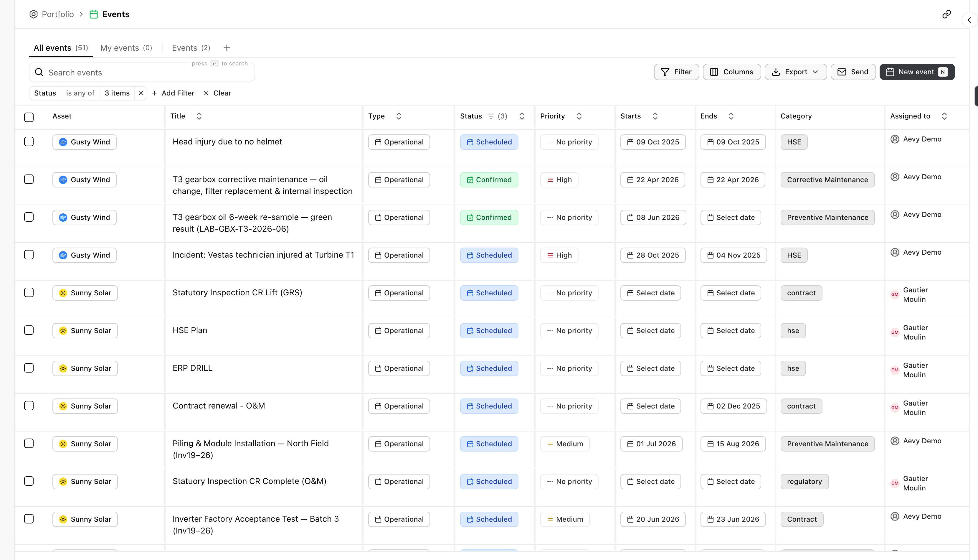 The Events page