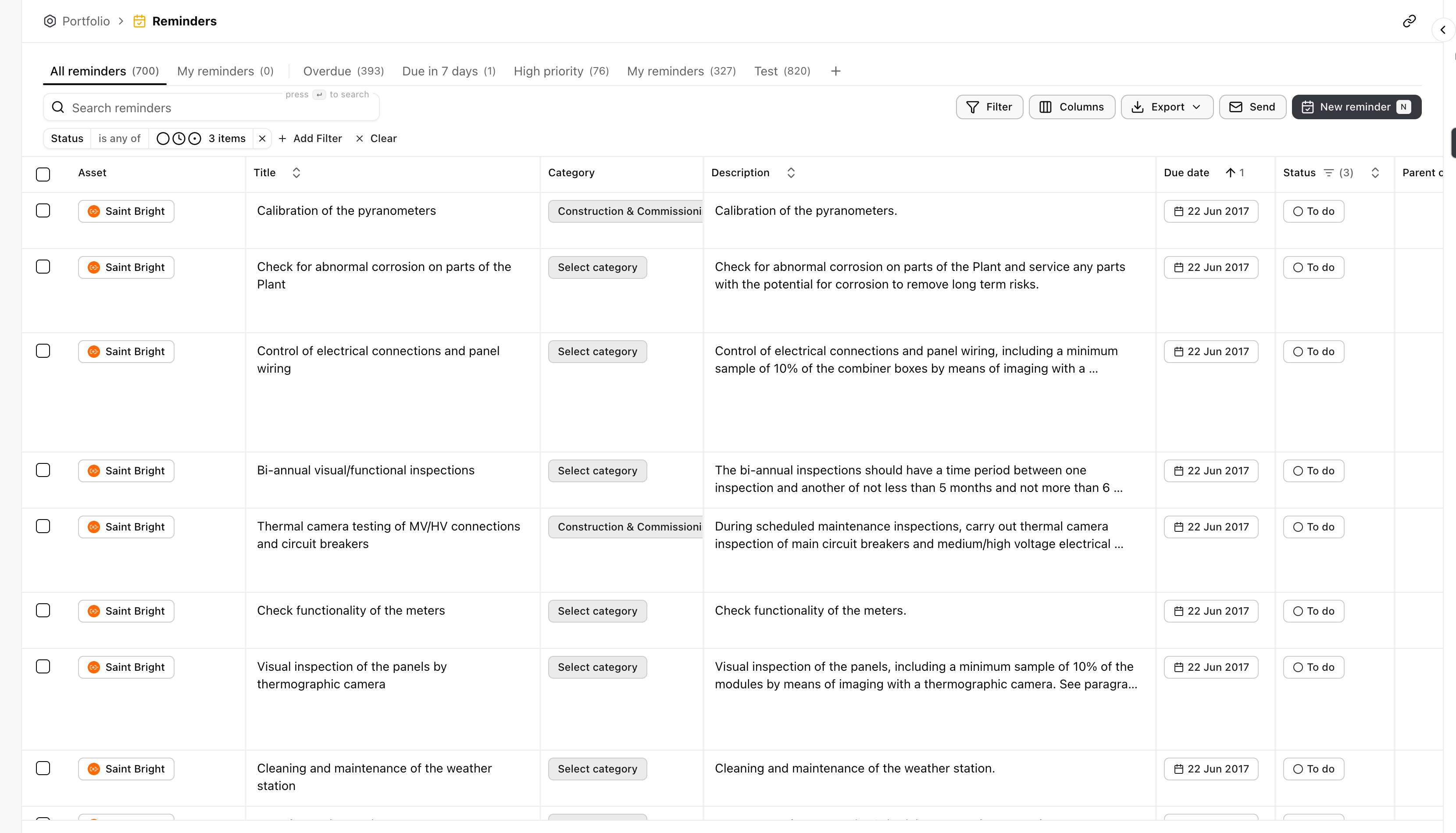 The Reminders page